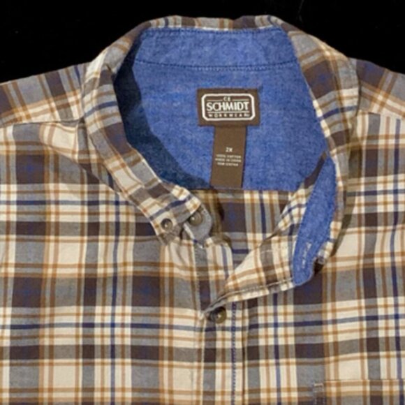 C.E. Schmidt Workwear Men's 2X Heavy Flannel Brown Plaid Work Shirt Cotton - Picture 10 of 12